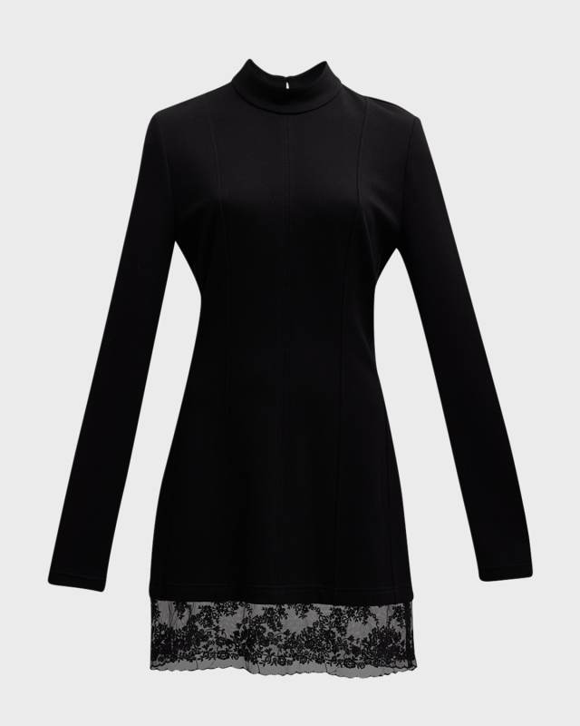 Mock-Neck Lace-Hem Jersey Mini Dress